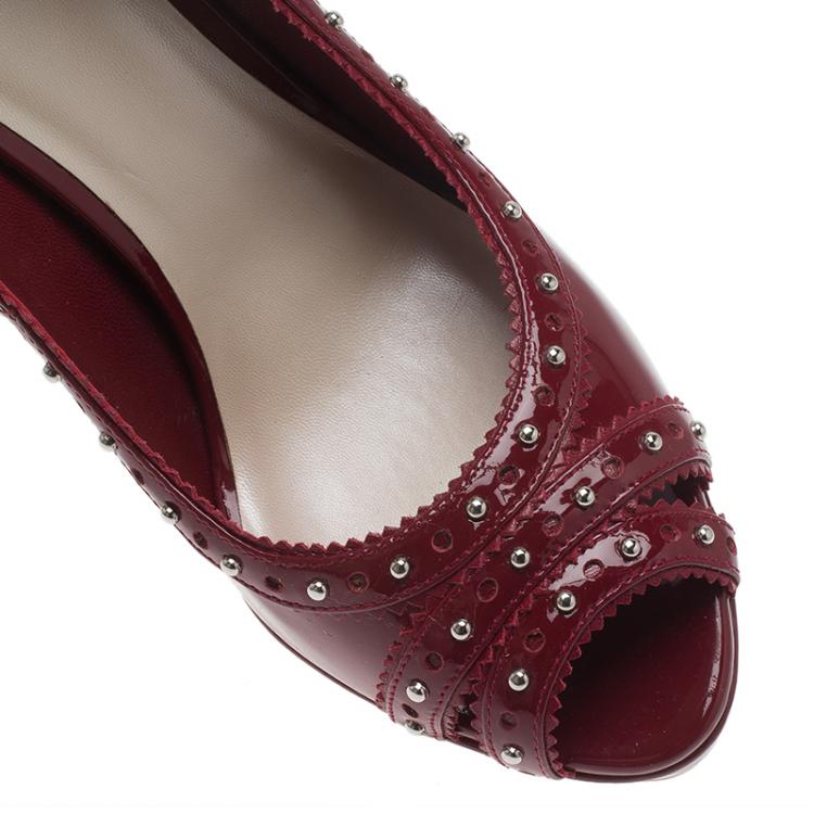 Pre Owned Dior Red Patent Brogue Studded Leather Peep Toe Pumps Size 39