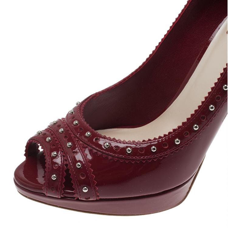Pre Owned Dior Red Patent Brogue Studded Leather Peep Toe Pumps Size 39