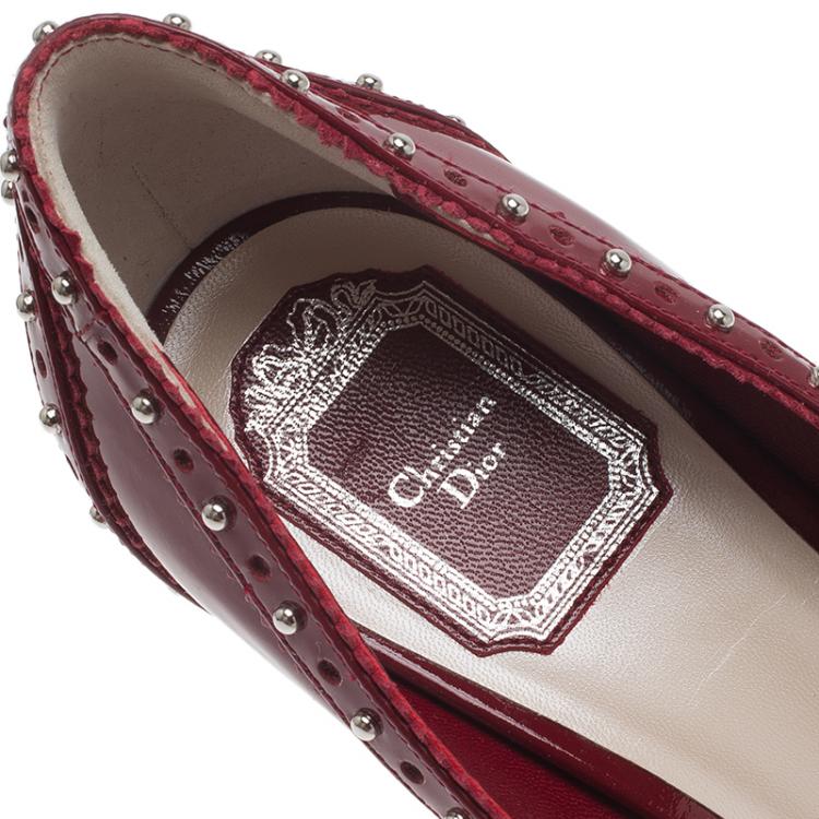 Pre Owned Dior Red Patent Brogue Studded Leather Peep Toe Pumps Size 39