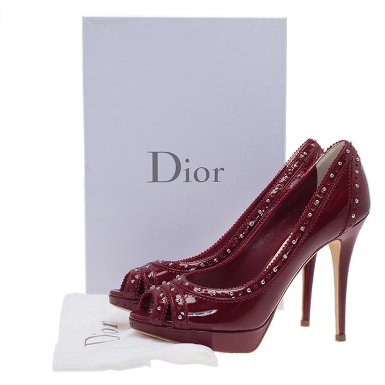 Pre Owned Dior Red Patent Brogue Studded Leather Peep Toe Pumps Size 39