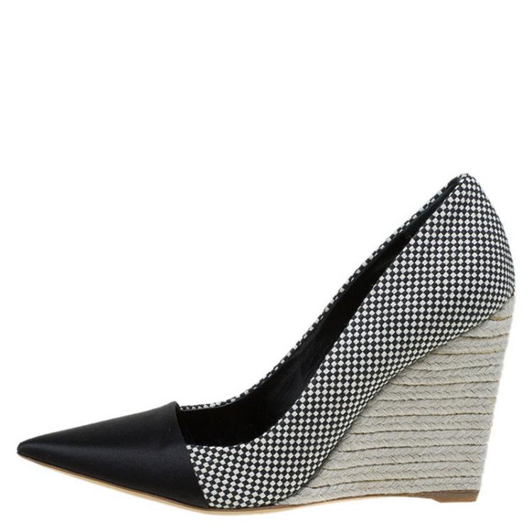 Pre Owned Dior Monochrome Woven Canvas Dolce Vita Pointed Toe Espadrille Wedge Pumps Size 40