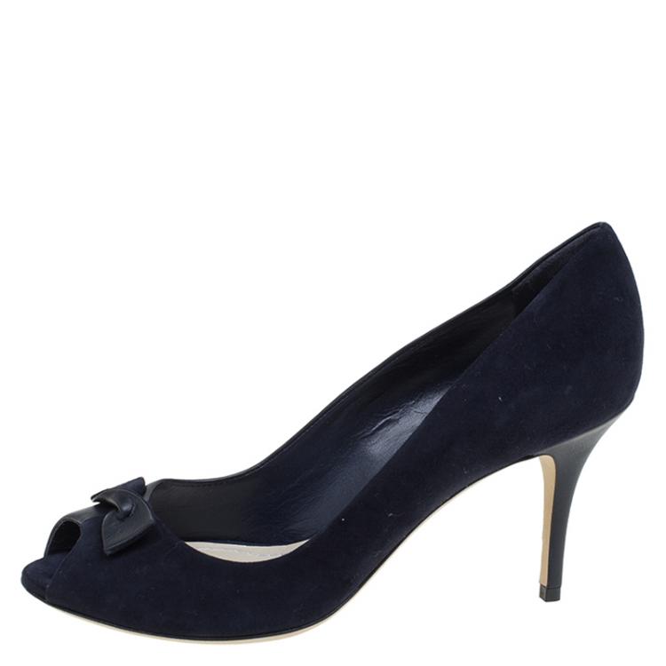 Pre Owned Dior Blue Leather and Suede Bow Peep Toe Pumps Size 37.5
