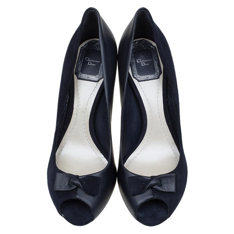Pre Owned Dior Blue Leather and Suede Bow Peep Toe Pumps Size 37.5