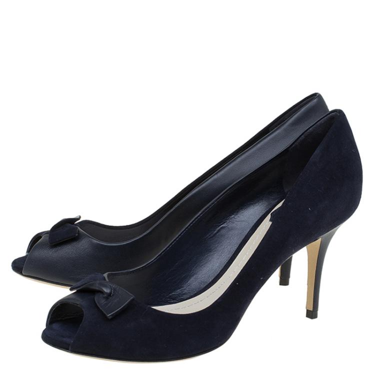 Pre Owned Dior Blue Leather and Suede Bow Peep Toe Pumps Size 37.5