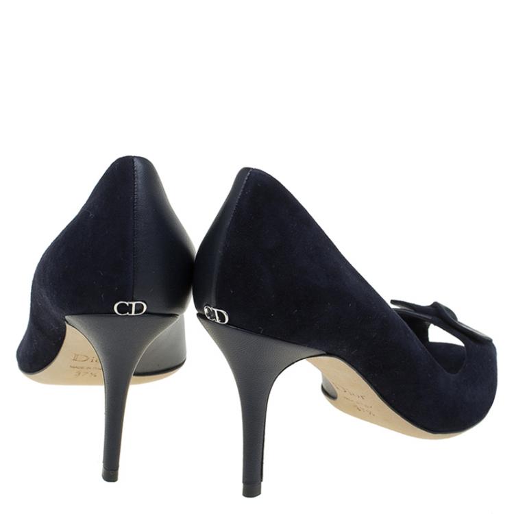 Pre Owned Dior Blue Leather and Suede Bow Peep Toe Pumps Size 37.5
