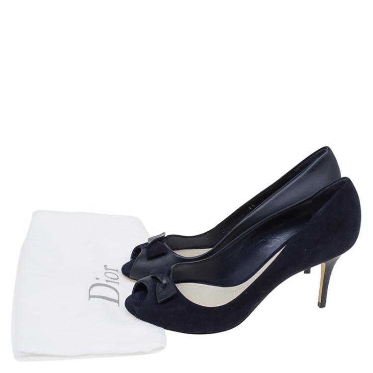 Pre Owned Dior Blue Leather and Suede Bow Peep Toe Pumps Size 37.5