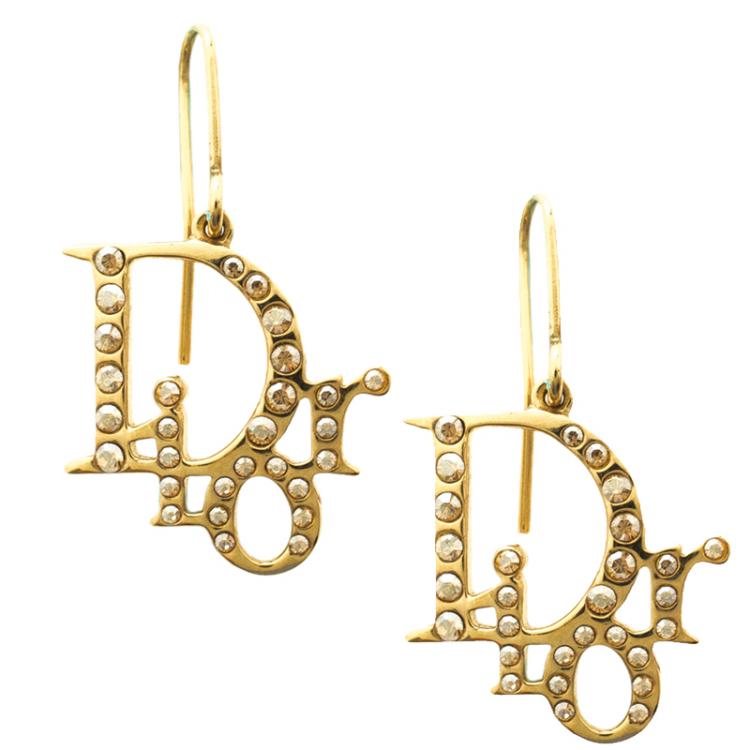 Pre Owned Dior Oblique Crystal Gold Tone Earrings