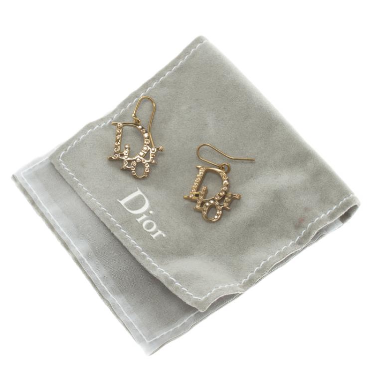 Pre Owned Dior Oblique Crystal Gold Tone Earrings
