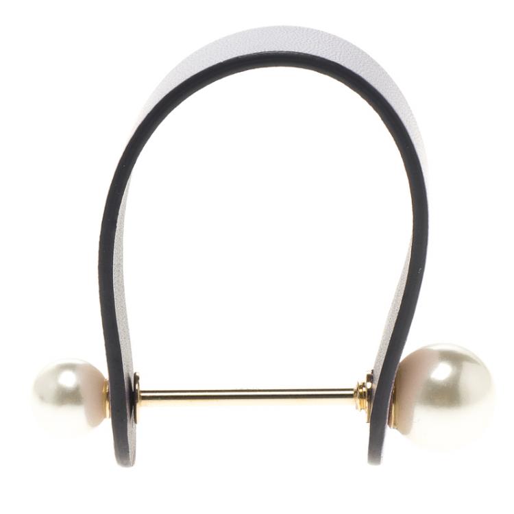 Pre Owned Dior Purple Leather & Faux Pearl Cuff Bracelet S