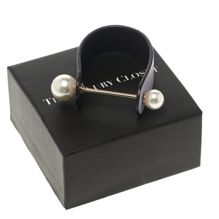 Pre Owned Dior Purple Leather & Faux Pearl Cuff Bracelet S