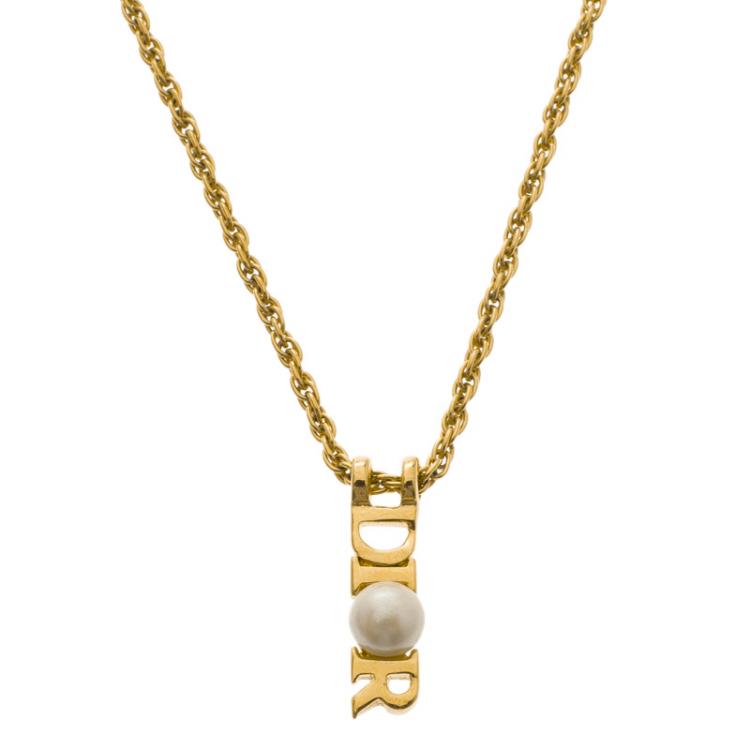 Pre Owned Dior Gold-tone Pearl Embellished Logo Necklace