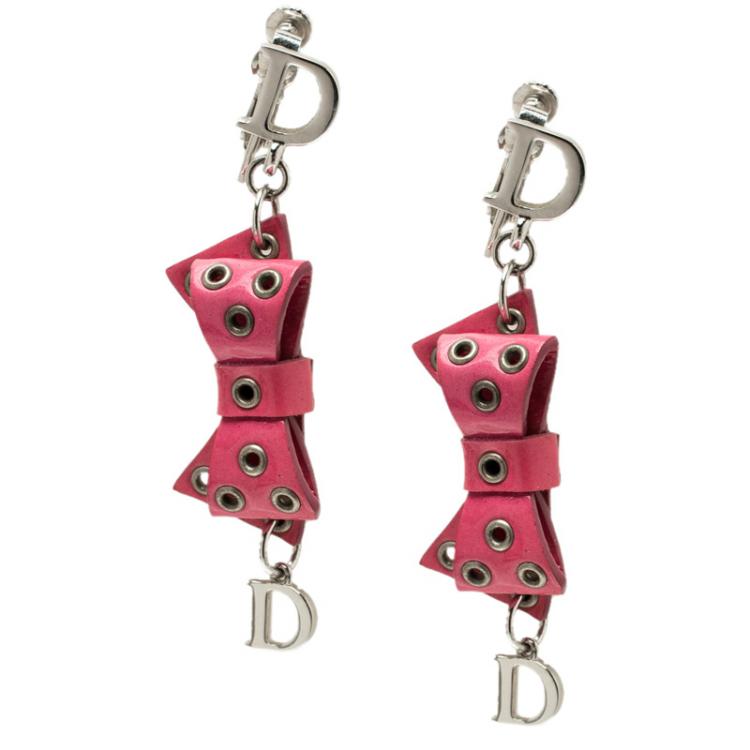 Pre Owned Dior Pink Bow Patent Leather Drop Earrings