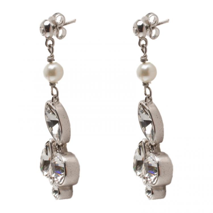 Pre Owned Dior Crystal Silver Tone Drop Earrings