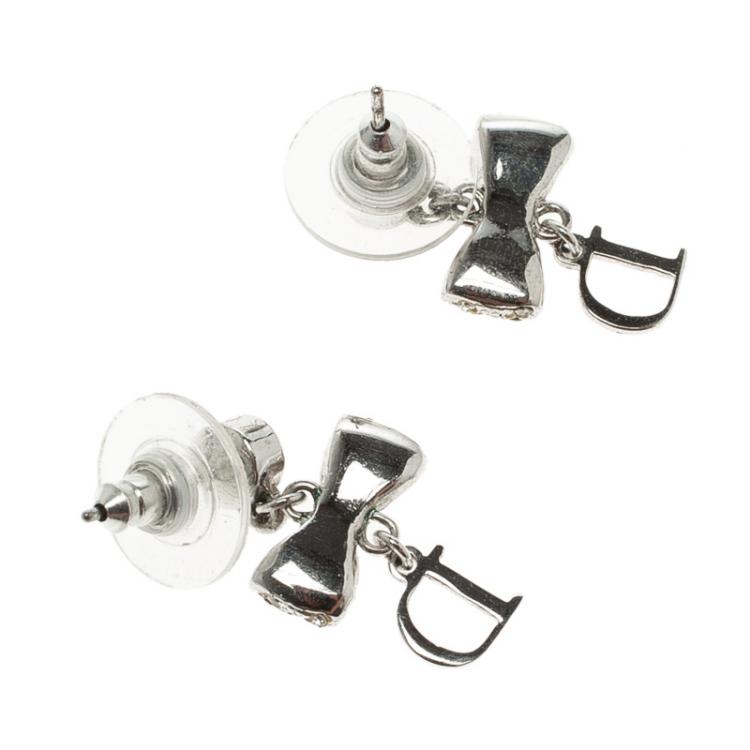 Pre Owned Dior Bow Crystal Silver-tone Dangle Earrings