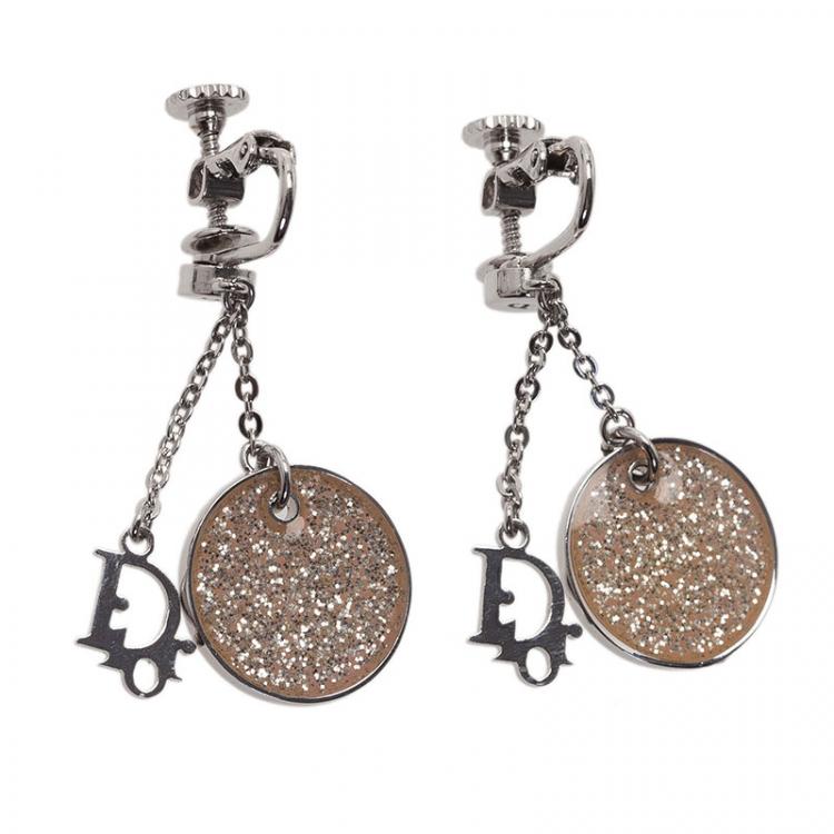 Pre Owned Dior Monogram White Glitter Silver Tone Dangle Earrings