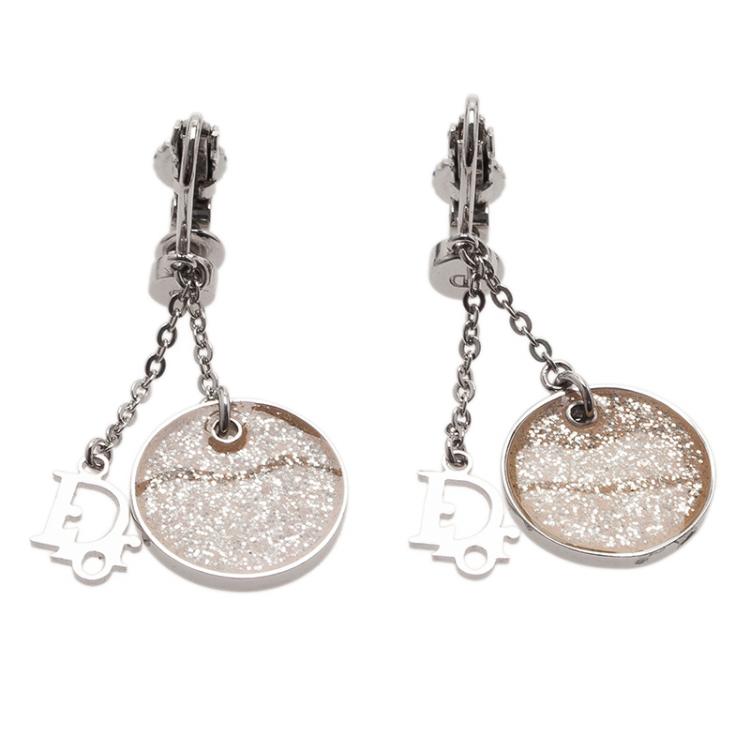 Pre Owned Dior Monogram White Glitter Silver Tone Dangle Earrings