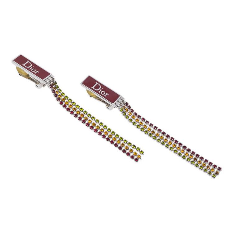 Pre Owned Dior Crystal MultiColor Long Clip On Earrings