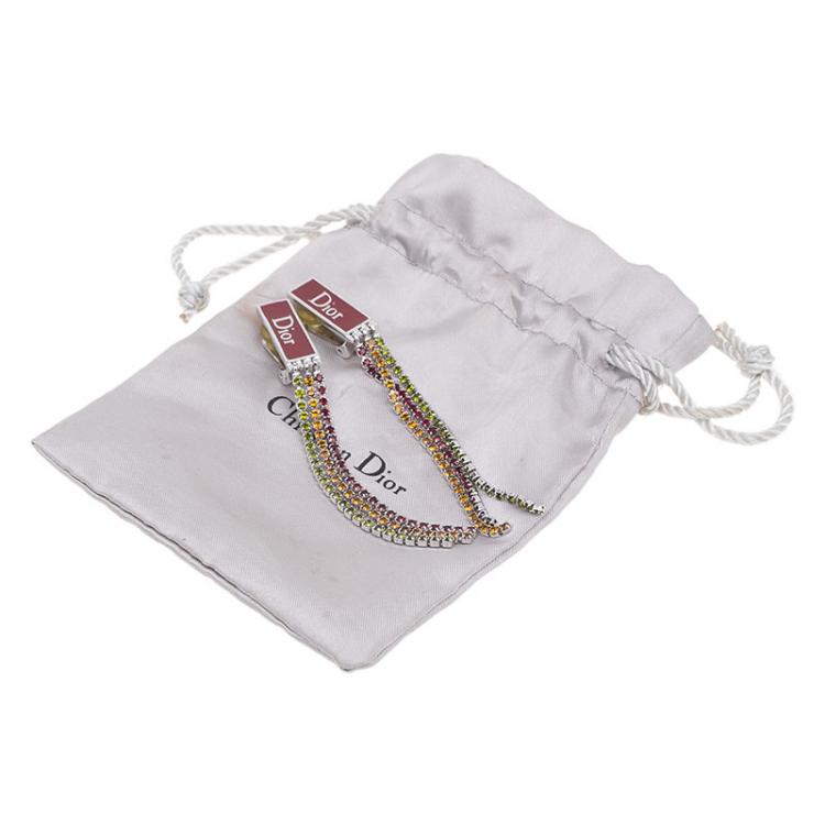 Pre Owned Dior Crystal MultiColor Long Clip On Earrings