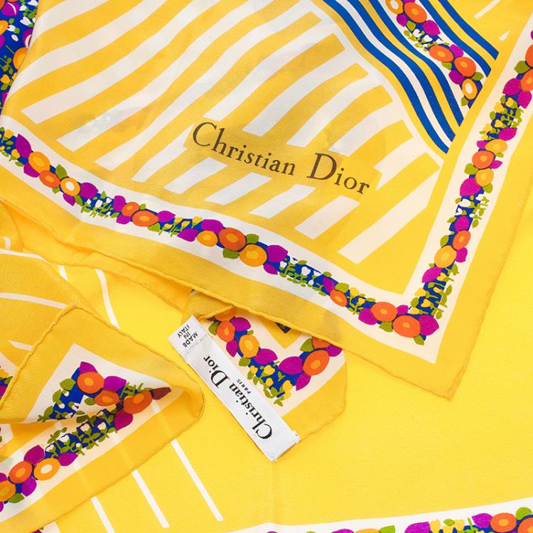 Pre Owned Dior Multicolor Yellow Floral Print Striped Silk Scarf