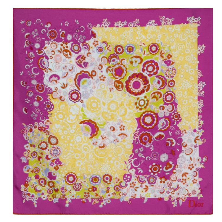 Pre Owned Dior Pink and Yellow Silk Floral Print Square Scarf