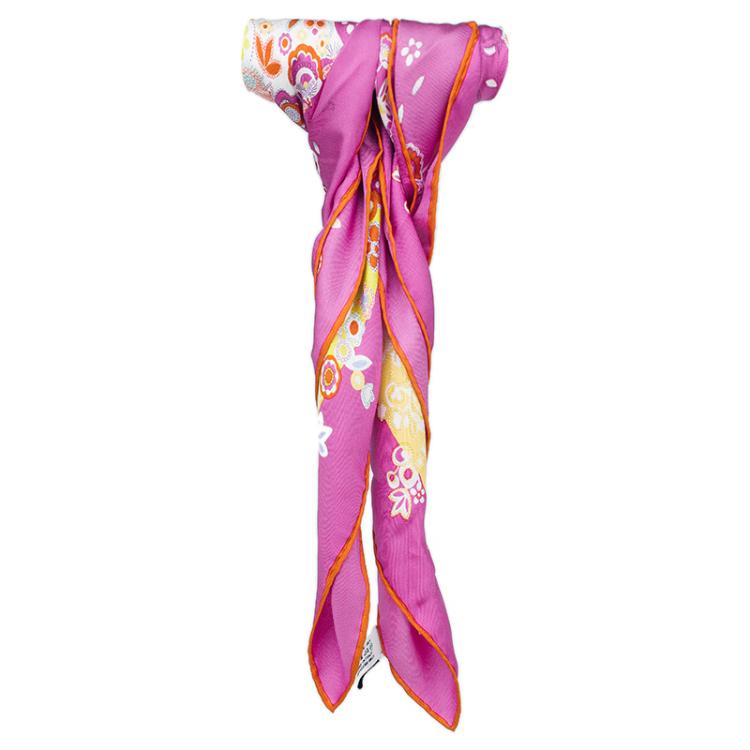 Pre Owned Dior Pink and Yellow Silk Floral Print Square Scarf