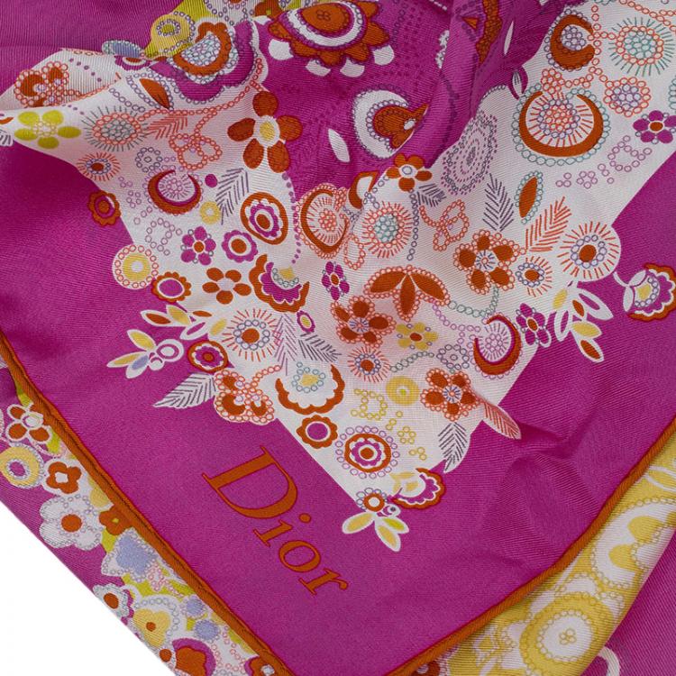 Pre Owned Dior Pink and Yellow Silk Floral Print Square Scarf