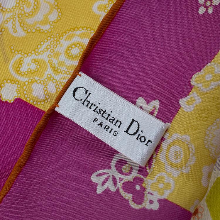 Pre Owned Dior Pink and Yellow Silk Floral Print Square Scarf