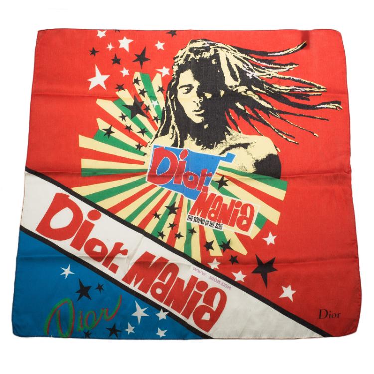 Pre Owned Dior Red Bob Marley Printed Square Scarf