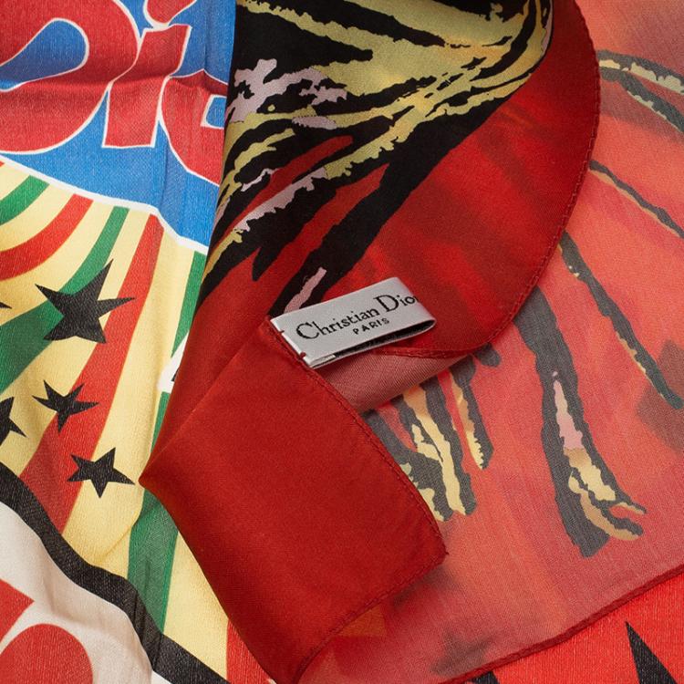 Pre Owned Dior Red Bob Marley Printed Square Scarf