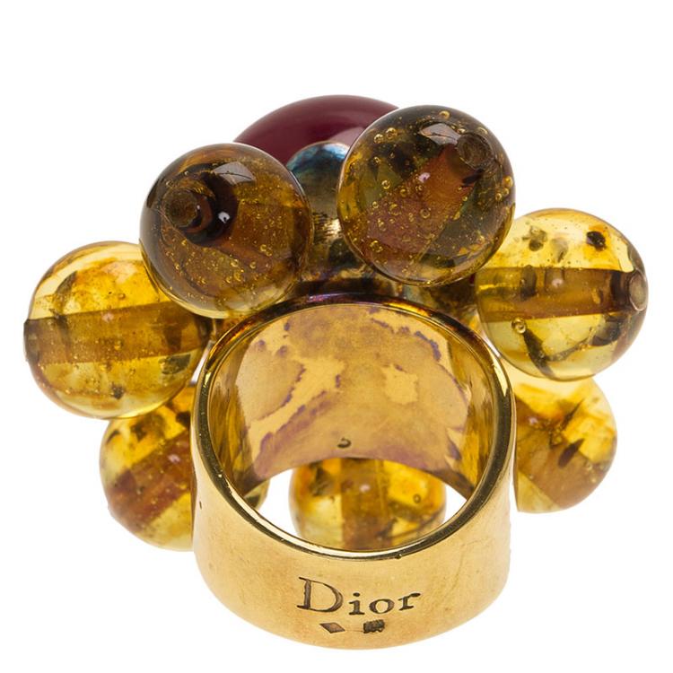 Pre Owned Dior Bohemian Flower Bead Gold Tone Ring Size 49