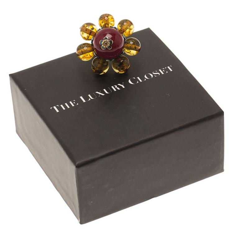 Pre Owned Dior Bohemian Flower Bead Gold Tone Ring Size 49