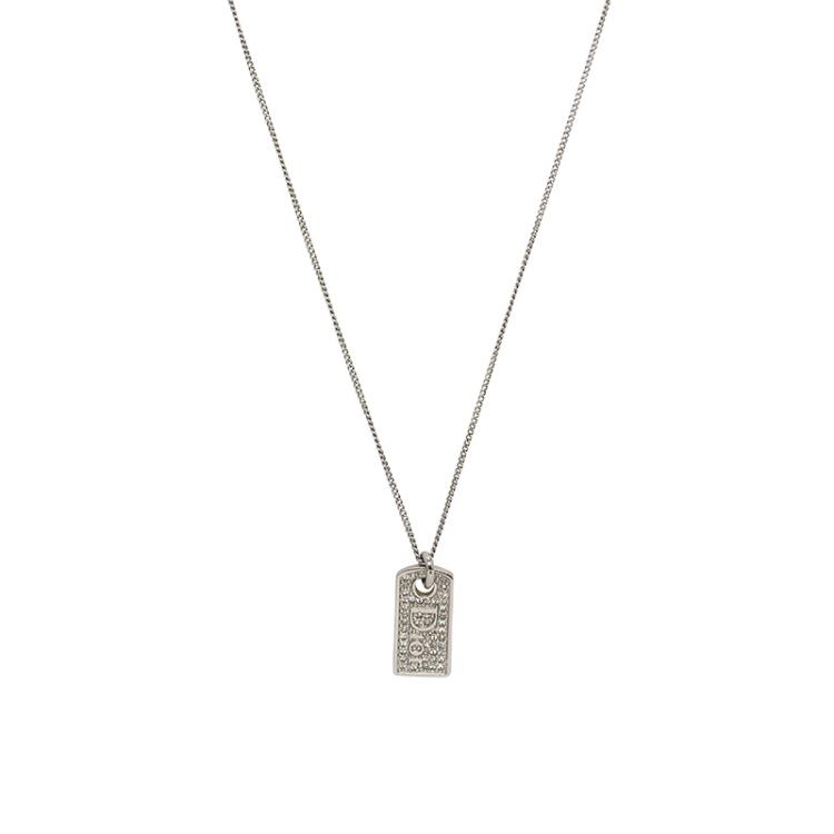 Pre Owned Dior Logo Crystal Studded Dog Tag Silver Tone Pendant Chain Necklace