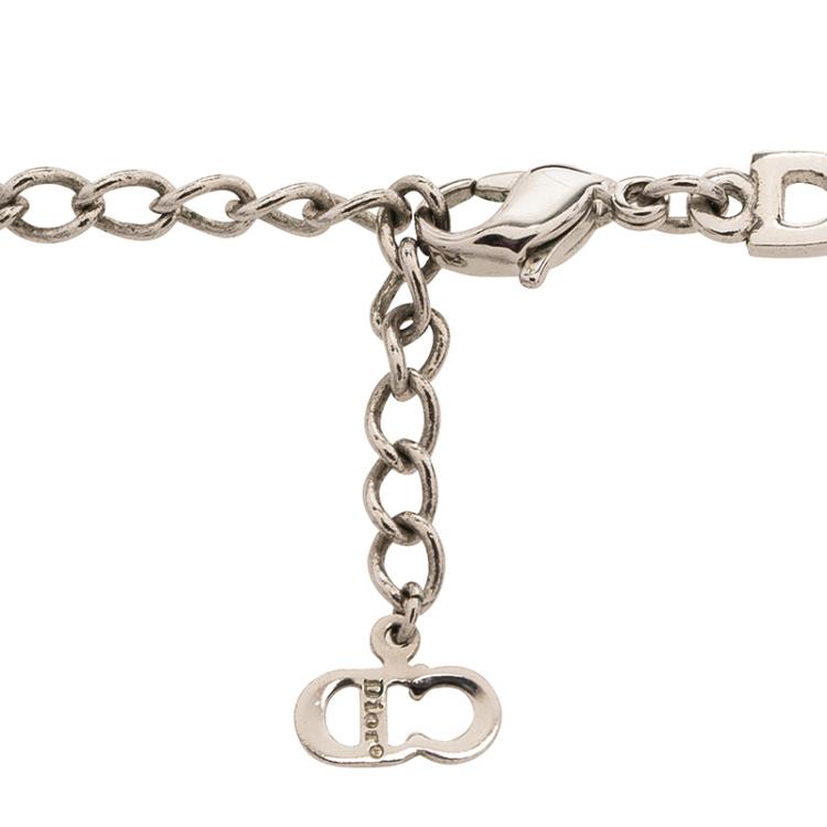 Pre Owned Dior Logo Crystal Studded Dog Tag Silver Tone Pendant Chain Necklace