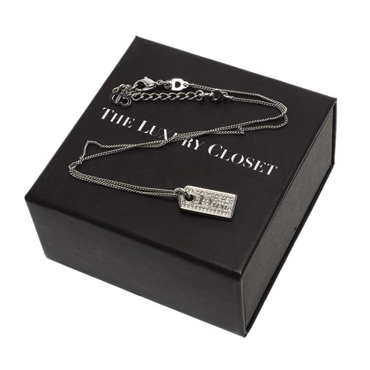 Pre Owned Dior Logo Crystal Studded Dog Tag Silver Tone Pendant Chain Necklace