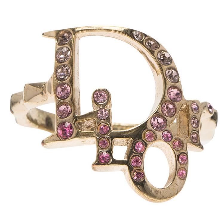 Pre Owned Dior Pink Crystal Studded Logo Gold Tone Ring Size 51