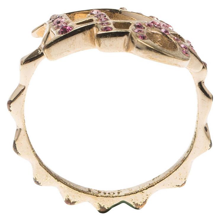 Pre Owned Dior Pink Crystal Studded Logo Gold Tone Ring Size 51