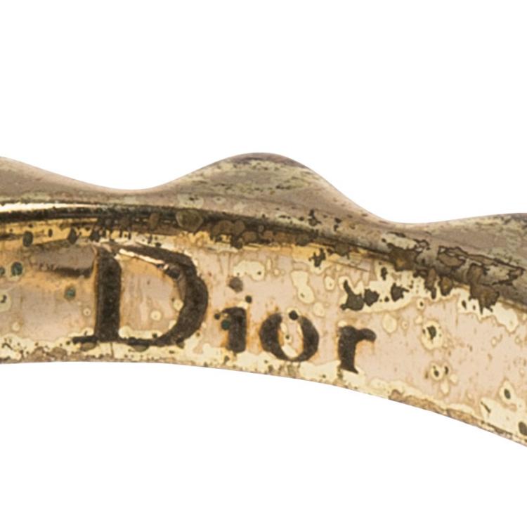 Pre Owned Dior Pink Crystal Studded Logo Gold Tone Ring Size 51