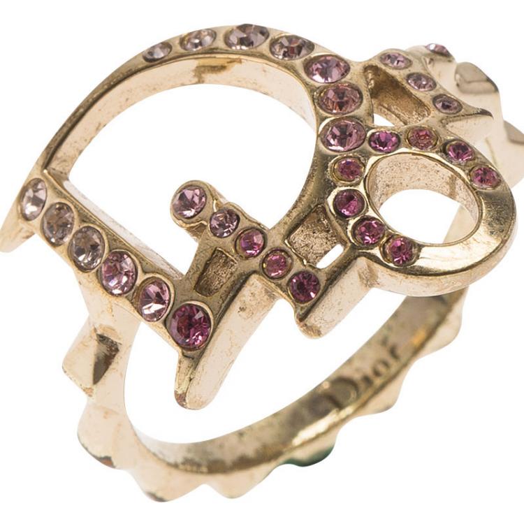Pre Owned Dior Pink Crystal Studded Logo Gold Tone Ring Size 51