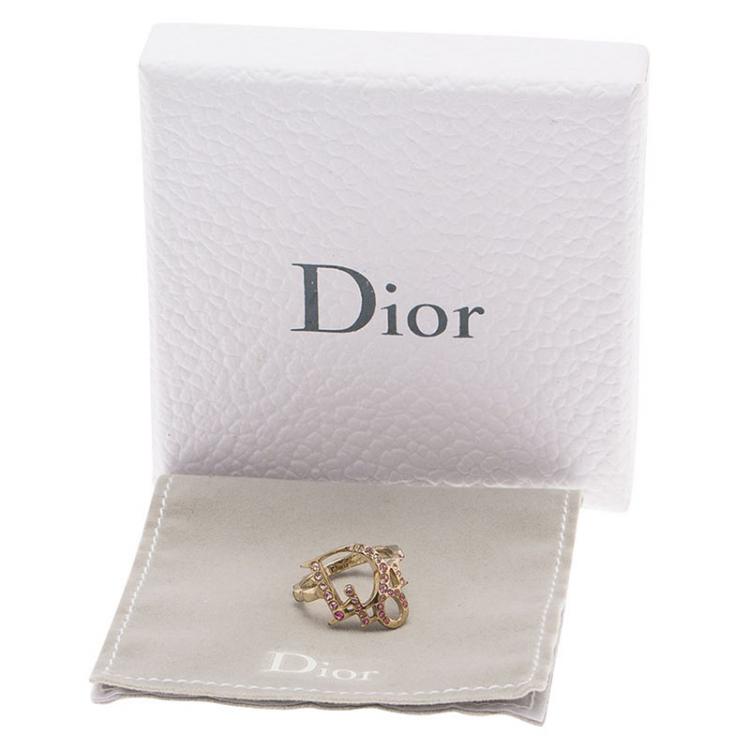 Pre Owned Dior Pink Crystal Studded Logo Gold Tone Ring Size 51