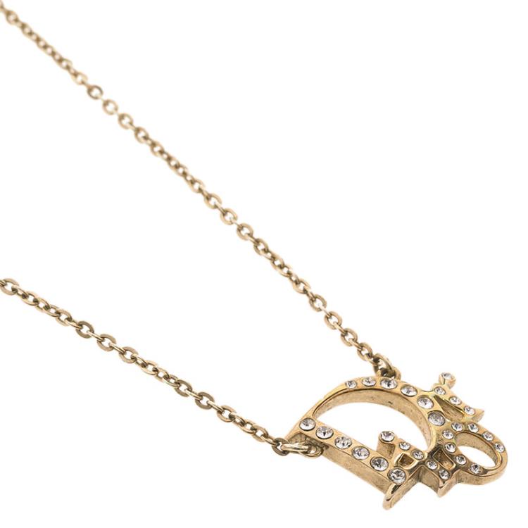 Pre Owned Dior Oblique Crystal Gold Tone Necklace