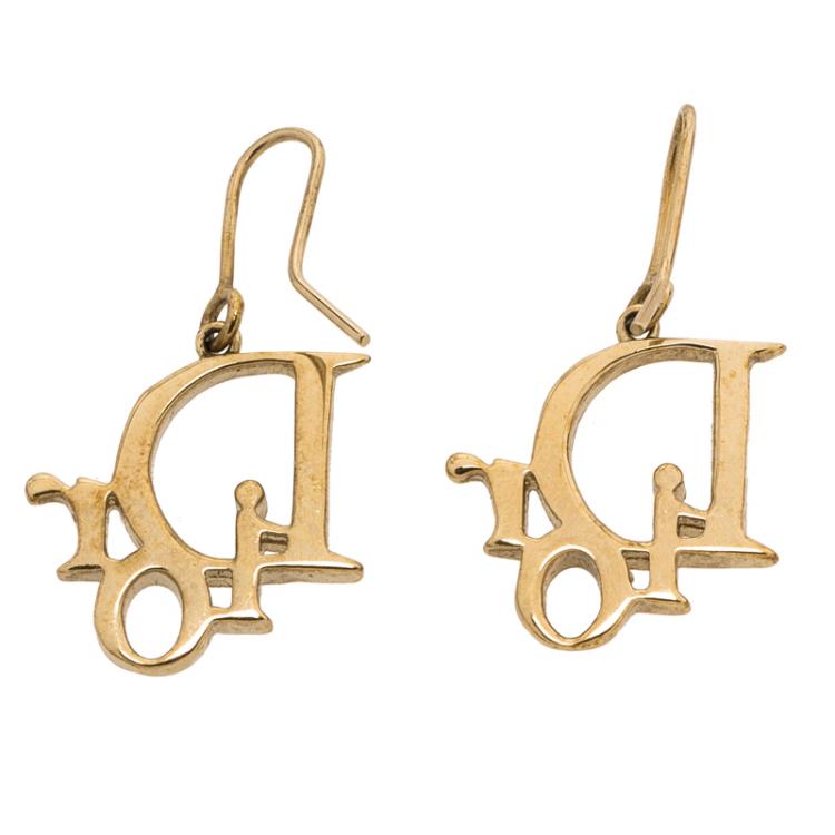 Pre Owned Dior Oblique Crystal Gold Tone Earrings