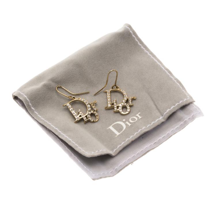 Pre Owned Dior Oblique Crystal Gold Tone Earrings