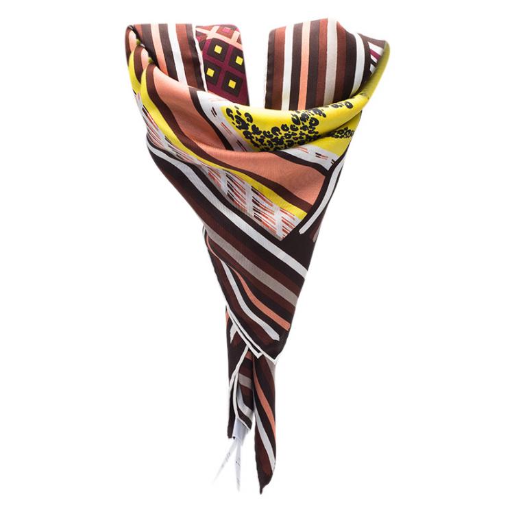 Pre Owned Dior Brown Multicolor Printed Silk Square Scarf