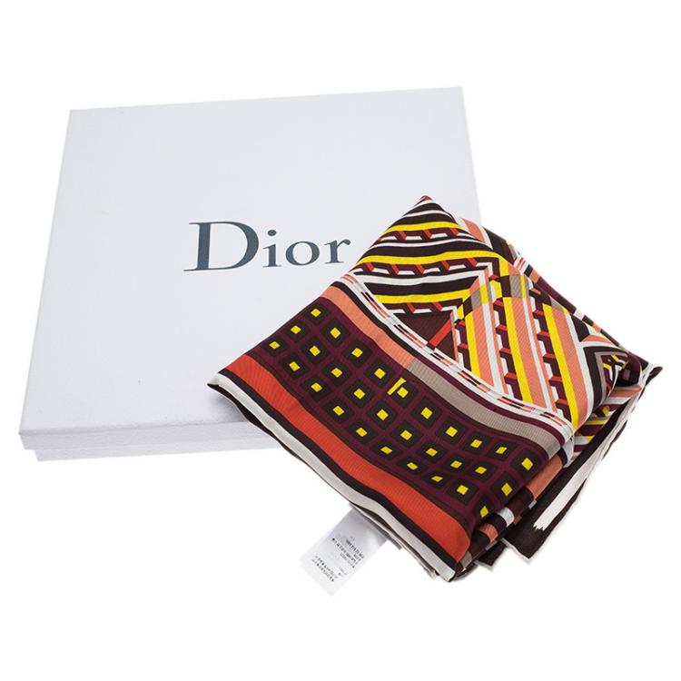 Pre Owned Dior Brown Multicolor Printed Silk Square Scarf