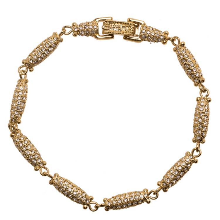 Pre Owned Dior Crystal Studded Gold Tone Bracelet Size 21 cm