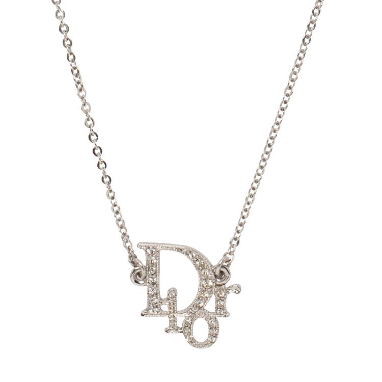 Pre Owned Dior Oblique Crystal Silver Tone Necklace