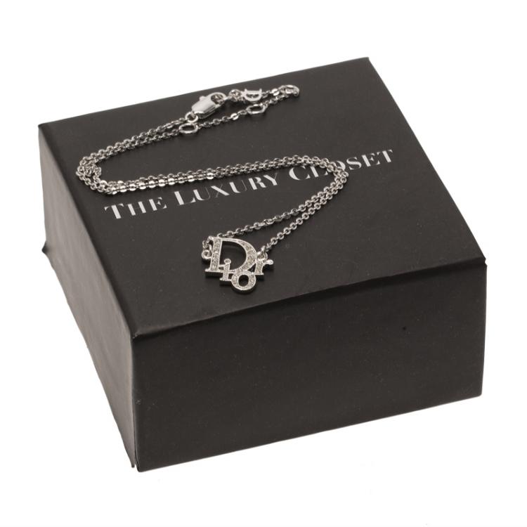 Pre Owned Dior Oblique Crystal Silver Tone Necklace