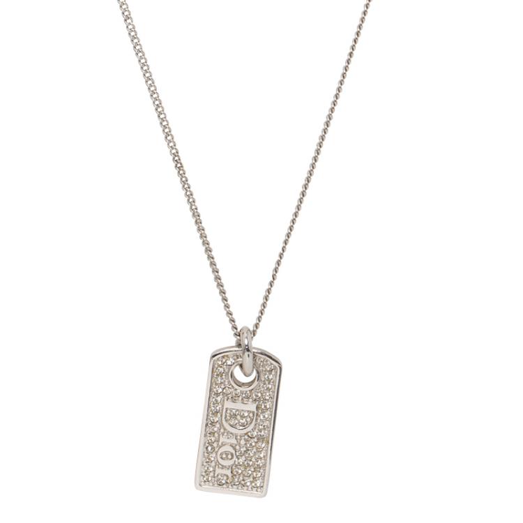 Pre Owned Dior Tag Crystal Silver Tone Pendant Chain Necklace