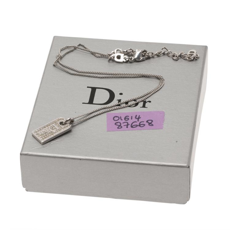 Pre Owned Dior Tag Crystal Silver Tone Pendant Chain Necklace