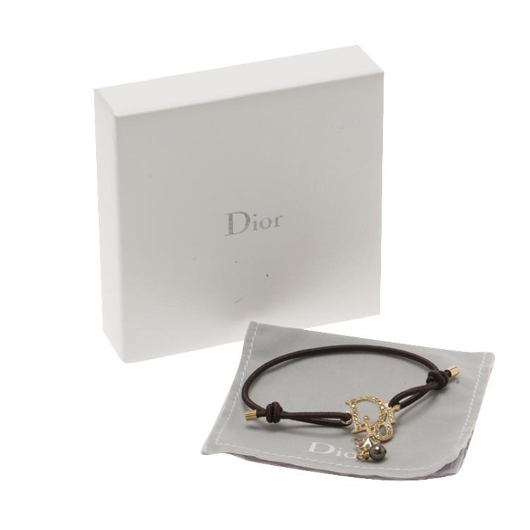 Pre Owned Dior Logo Crystal Gold Tone Brown Stretchable Cord Bracelet